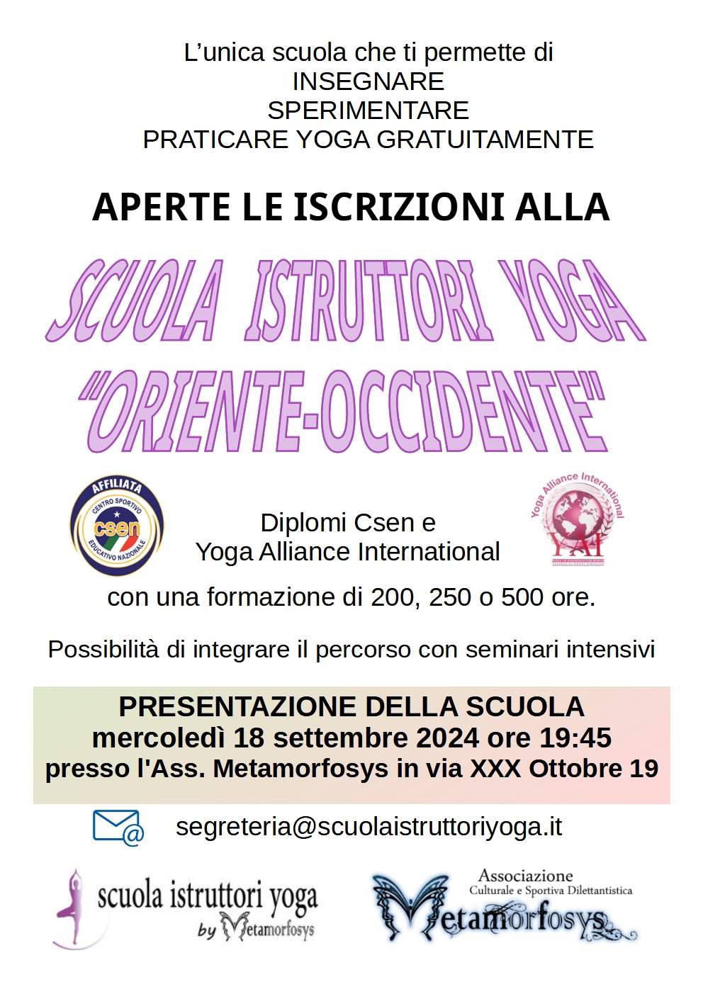 Iscrizioni aperte alla Scuola Istruttori Yoga “Oriente-Occidente” e alla scuola per Operatori Massaggio Olistico